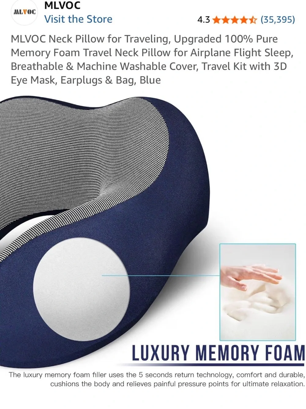 Navy/Gray Memory Foam Ergonomic Travel Neck Pillow